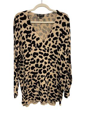 INC International Concepts Sweater Size XL Leopard V Neck Tan Black Animal Print
